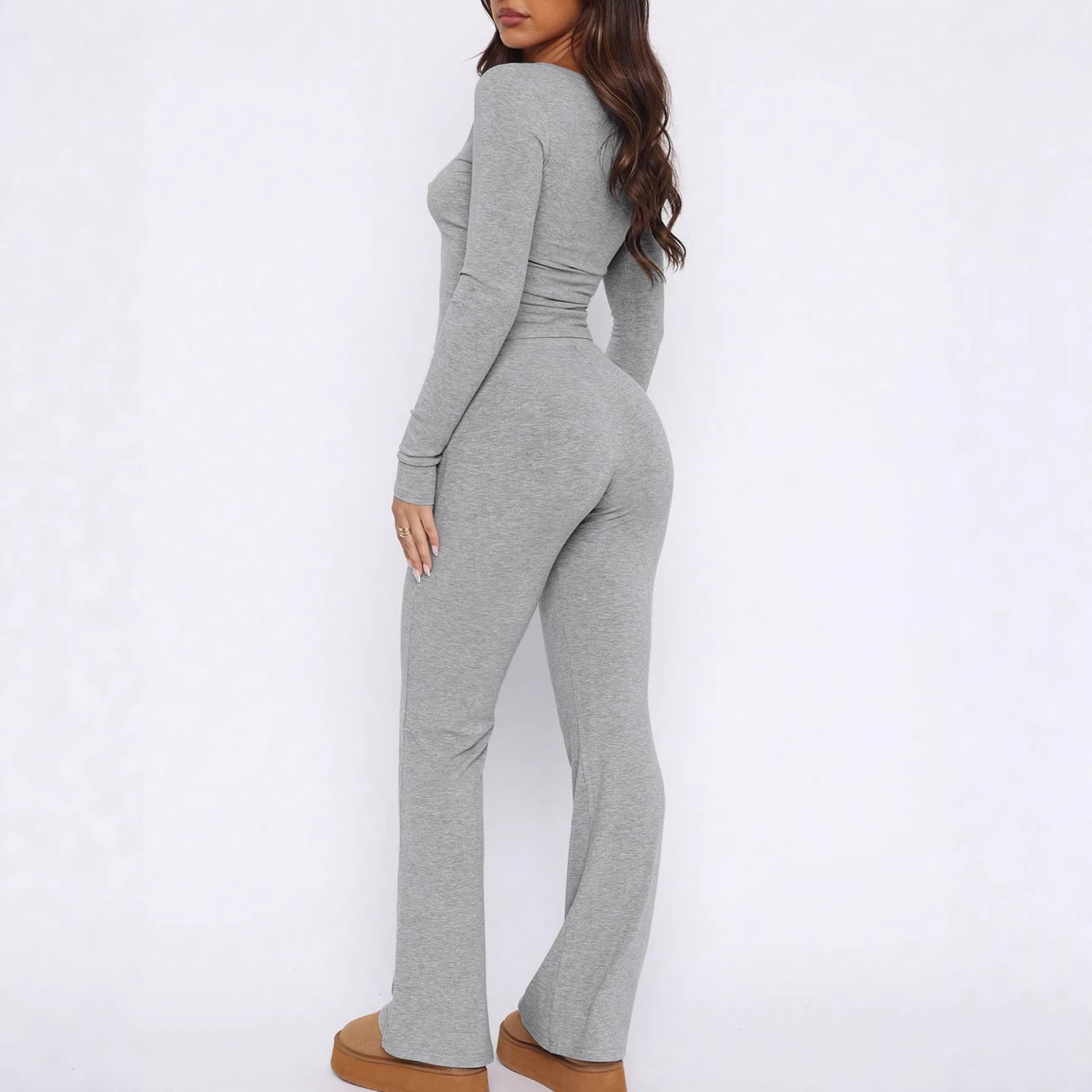 V-Neck Long-Sleeve Top and Pants Two-Piece Set Casual Slim Loungewear