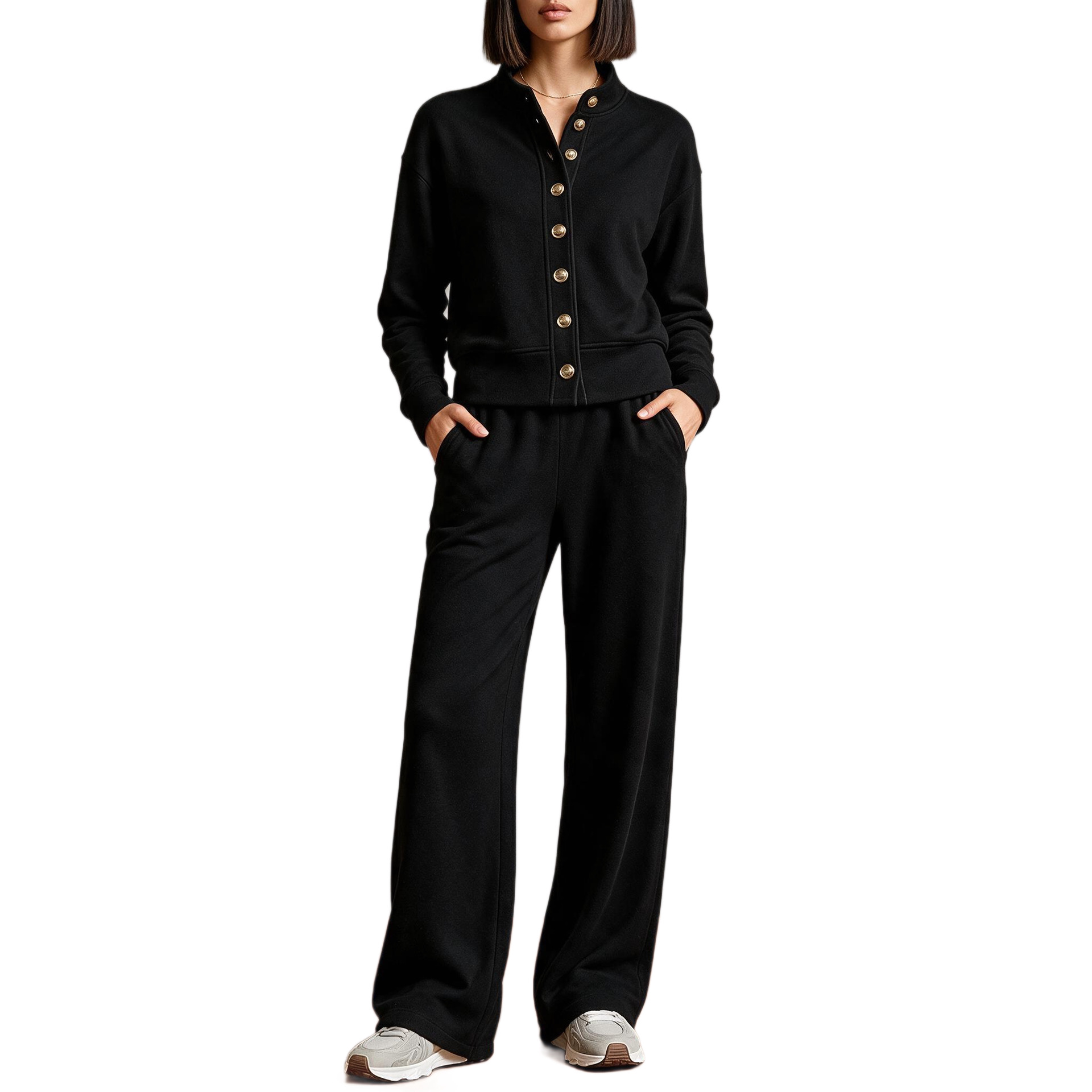 Women's Solid Stand-Collar Cardigan Hoodie & Wide-Leg Pants Set