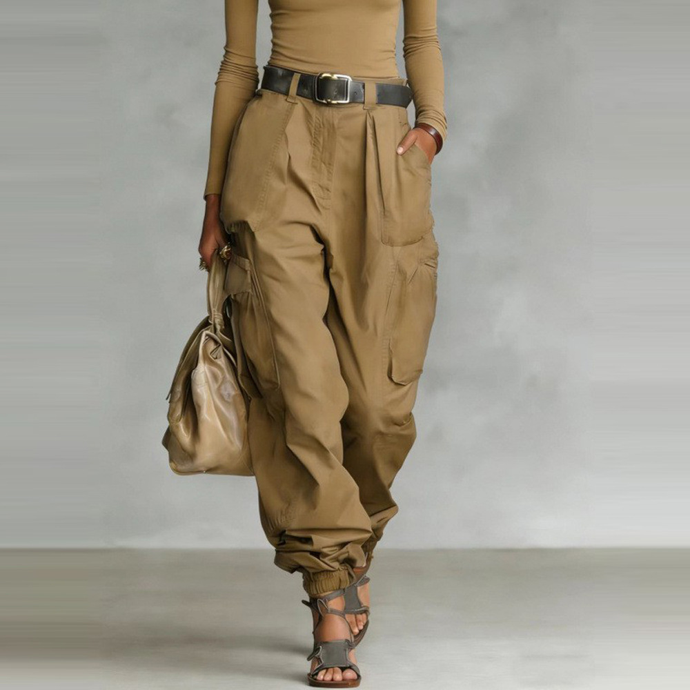 High-Waisted Wide-Leg Cargo Pants for Women, Loose Streetwear, Non-Stretch