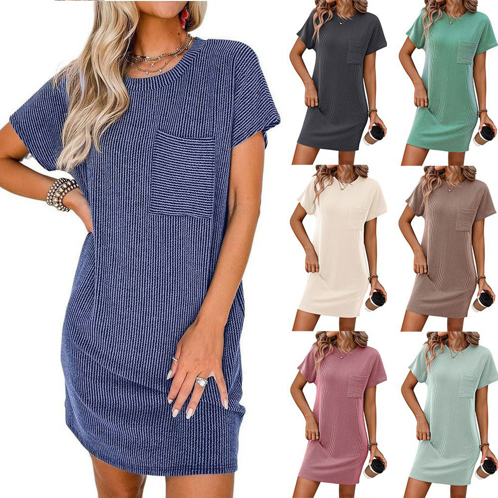 Women's Summer Casual Colorblock Twist Stripe Short Sleeve Pocket Dress