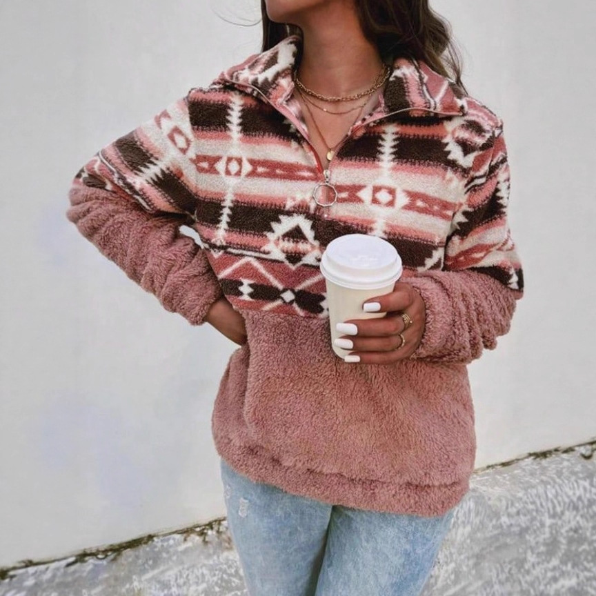 Geometric Print Long Sleeve Zip-Up Fleece-Lined Hoodie for Women