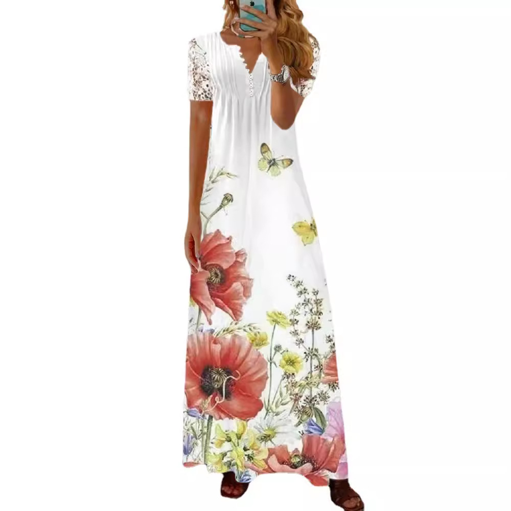 Floral Print Lace Short Sleeve Dress