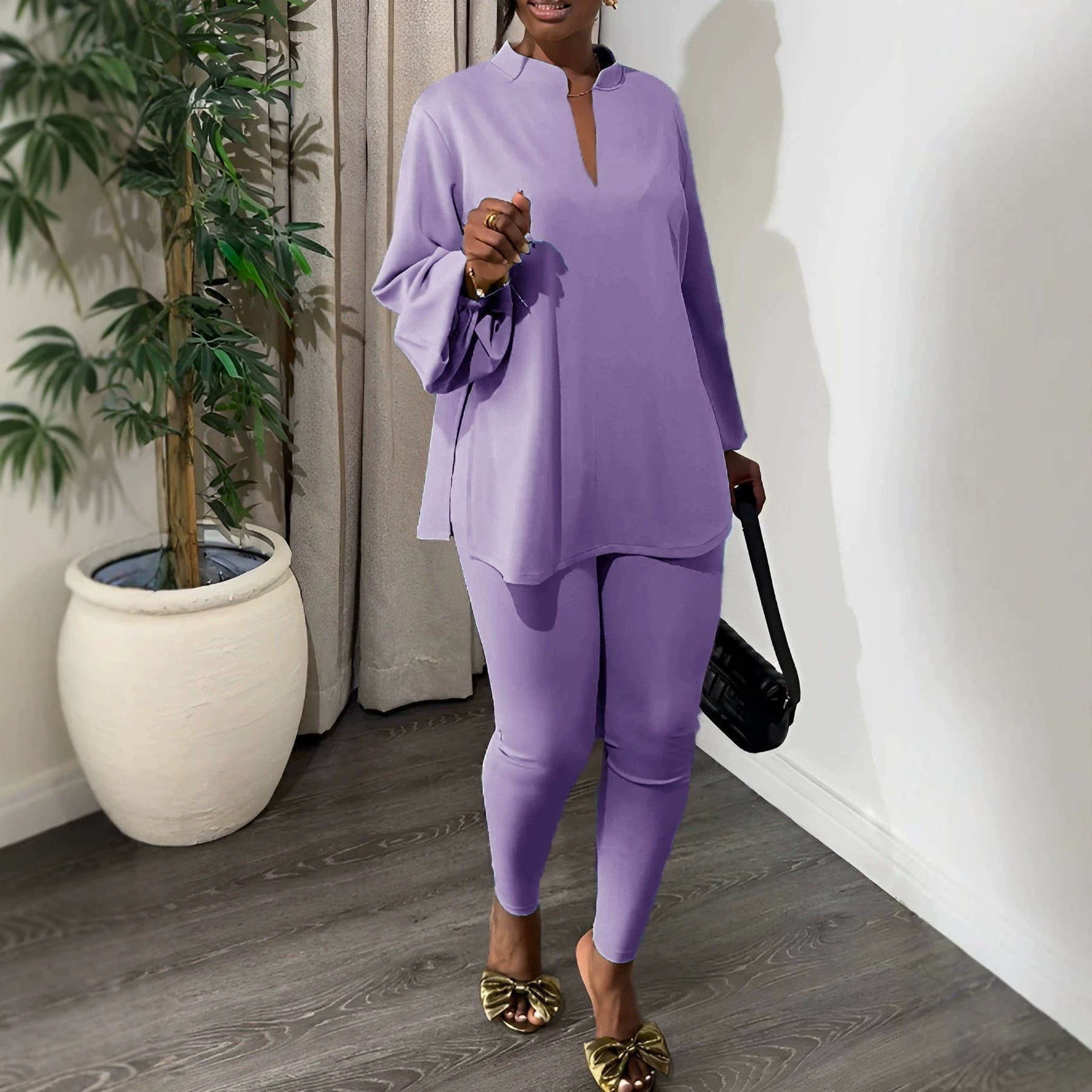 Women's Knit Two-Piece Set Solid Color V-Neck Split Top and Leggings