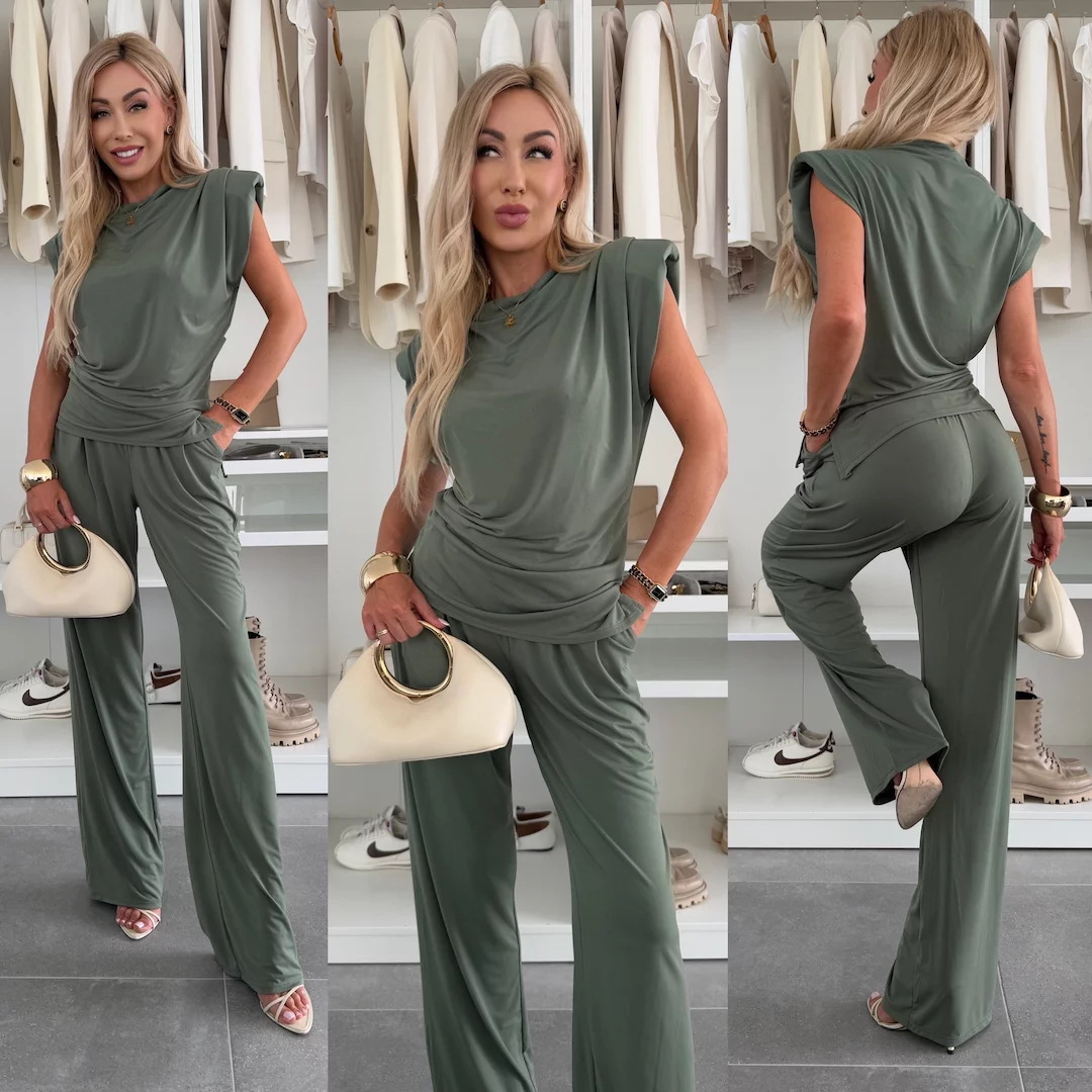 Women's Solid Color Sleeveless Top and Wide-Leg Pants 2-Piece Set