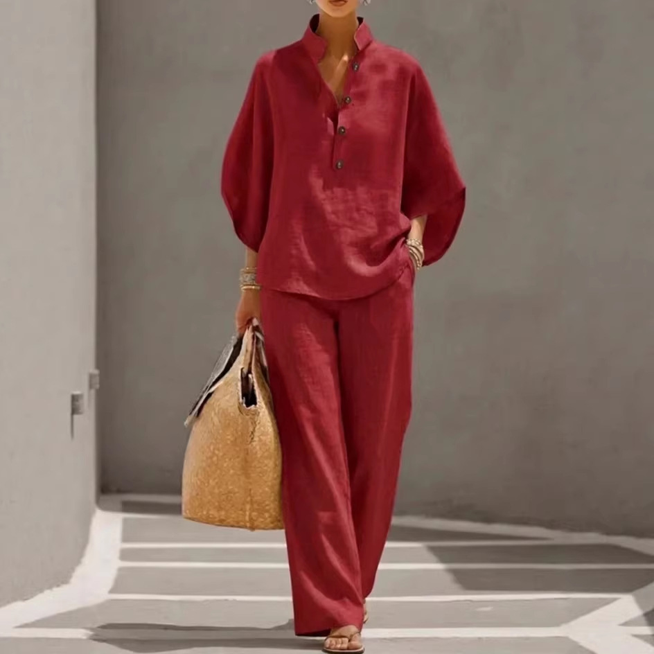 Women's Casual Loose Solid Color Zip Stand Collar Wide-Leg Pants Set