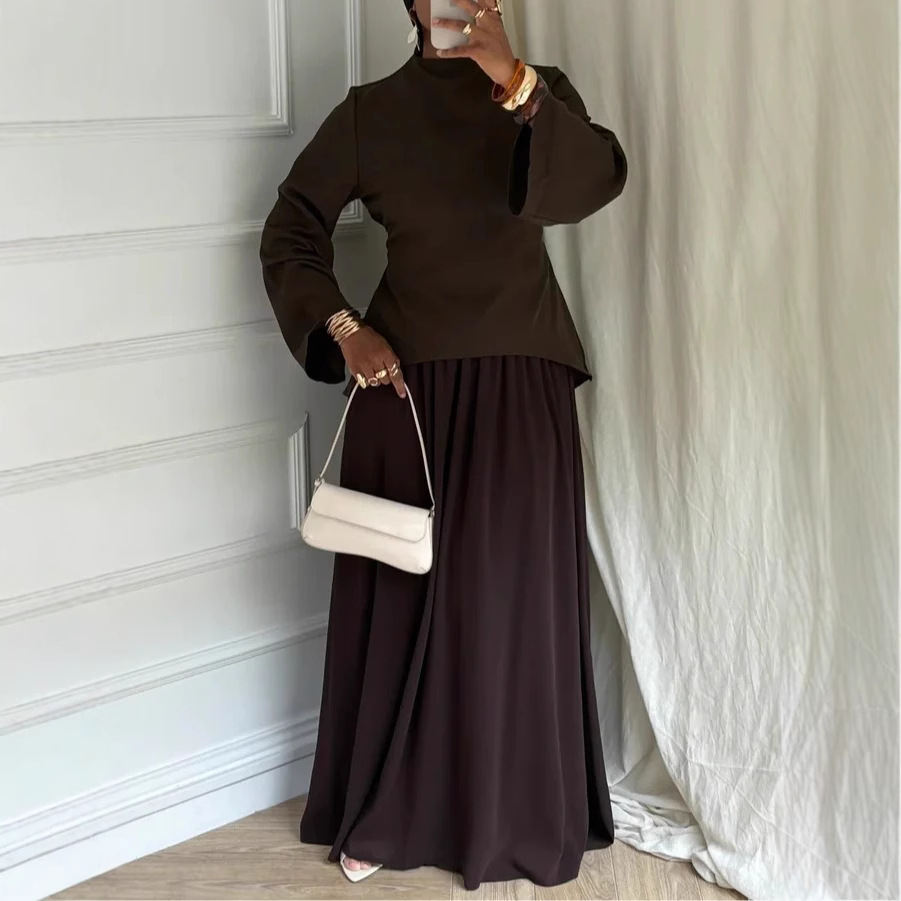 Solid Long-Sleeve Top and Lined Midi Skirt Two-Piece Set