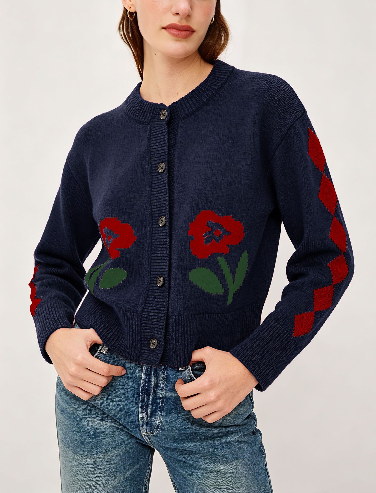 Women's Vintage Jacquard Knit Cardigan Button-Up Cropped Sweater Coat