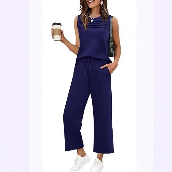 Women's Sleeveless Crewneck Top and Pants Two-Piece Set Casual Solid Color