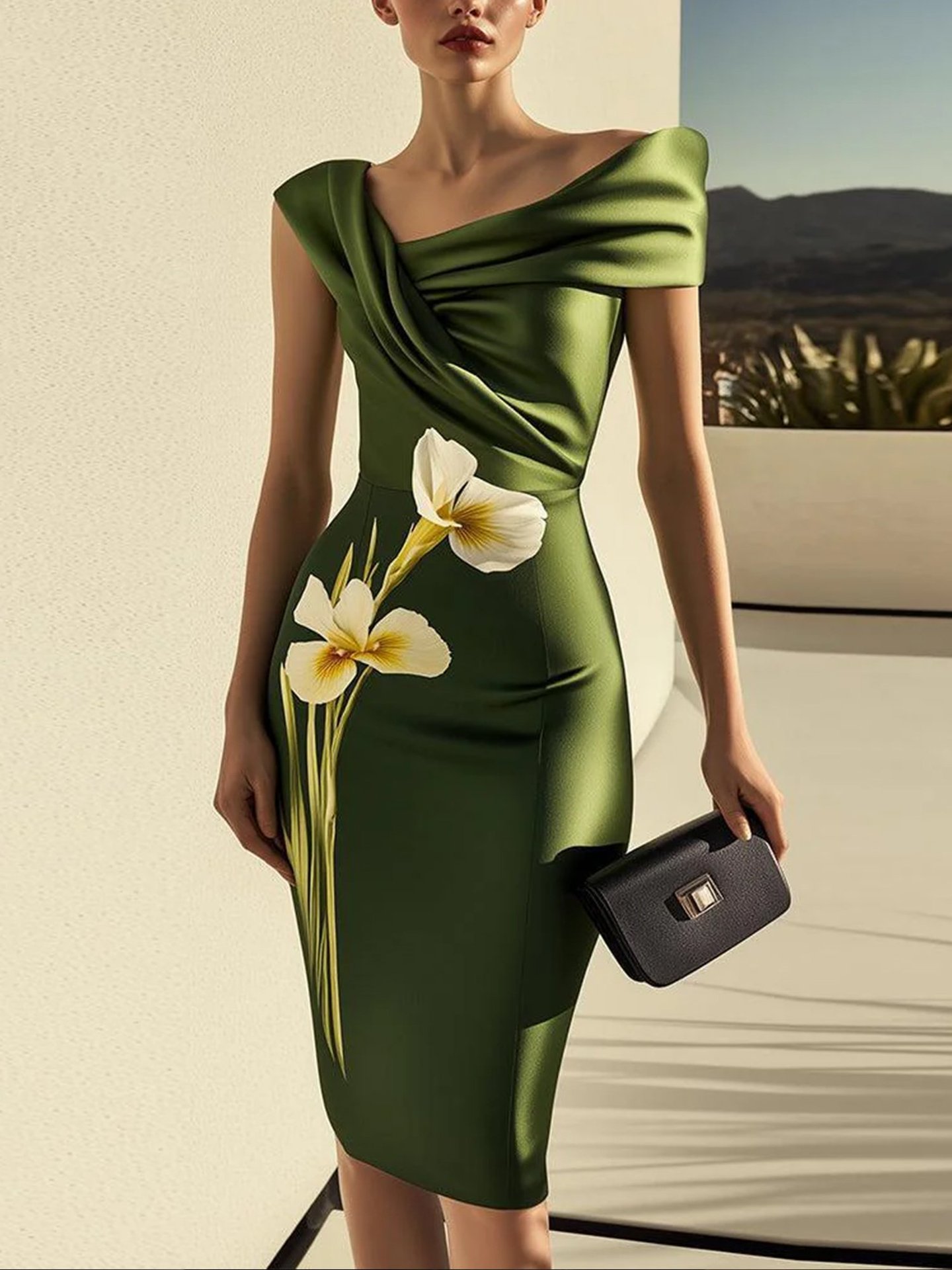 Elegant Floral Print Waist-Cinching Midi Dress