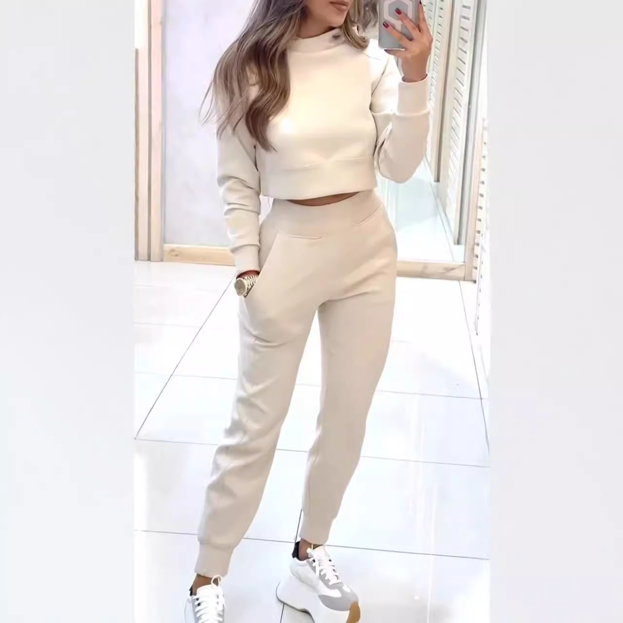 Women's High Neck Slim Fit Long Sleeve Casual Two-Piece Set