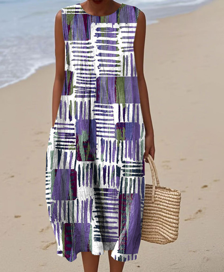 Floral Print Sleeveless Round Neck Loose Midi Dress