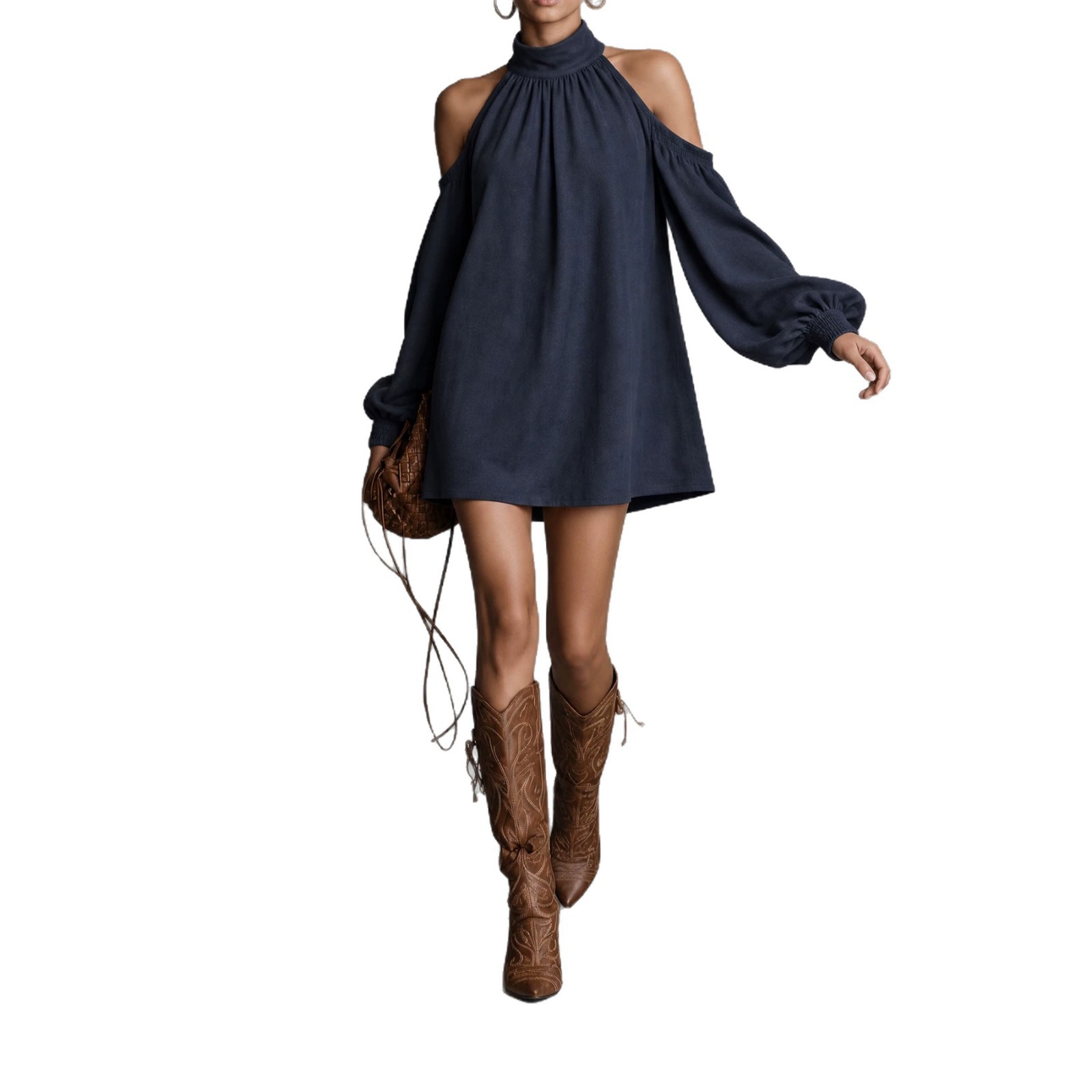 Women's Faux Suede Halter Mini Dress with Lantern Sleeves