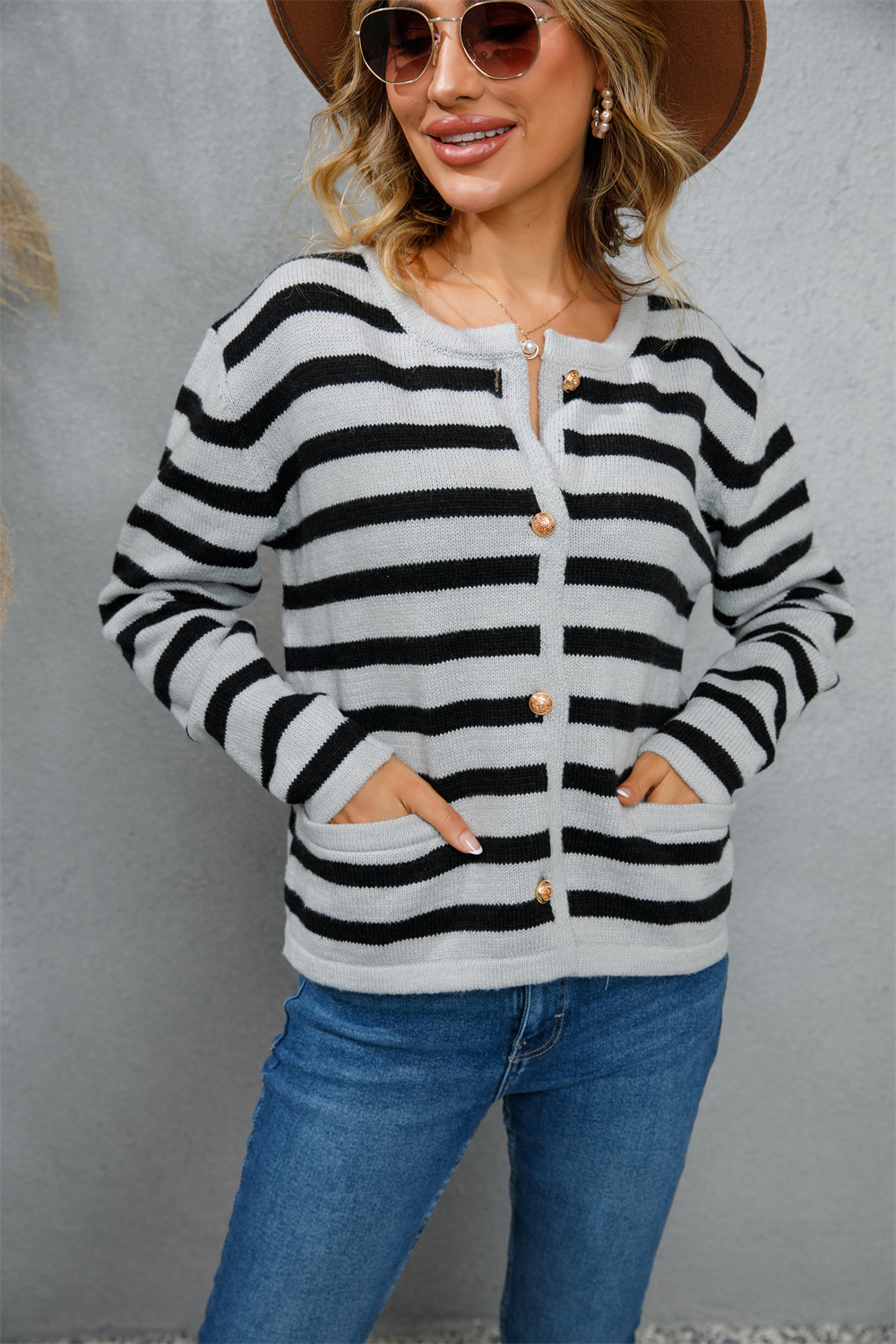 Women's Plus Size Striped Knit Cardigan Crew Neck Long Sleeve