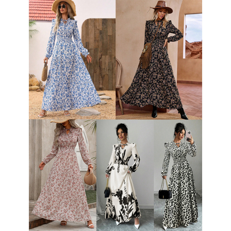 Floral Print Long Sleeve A-Line Maxi Dress with High Waist
