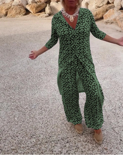 Women's Retro Print Button-Front Shirt and Pants Set