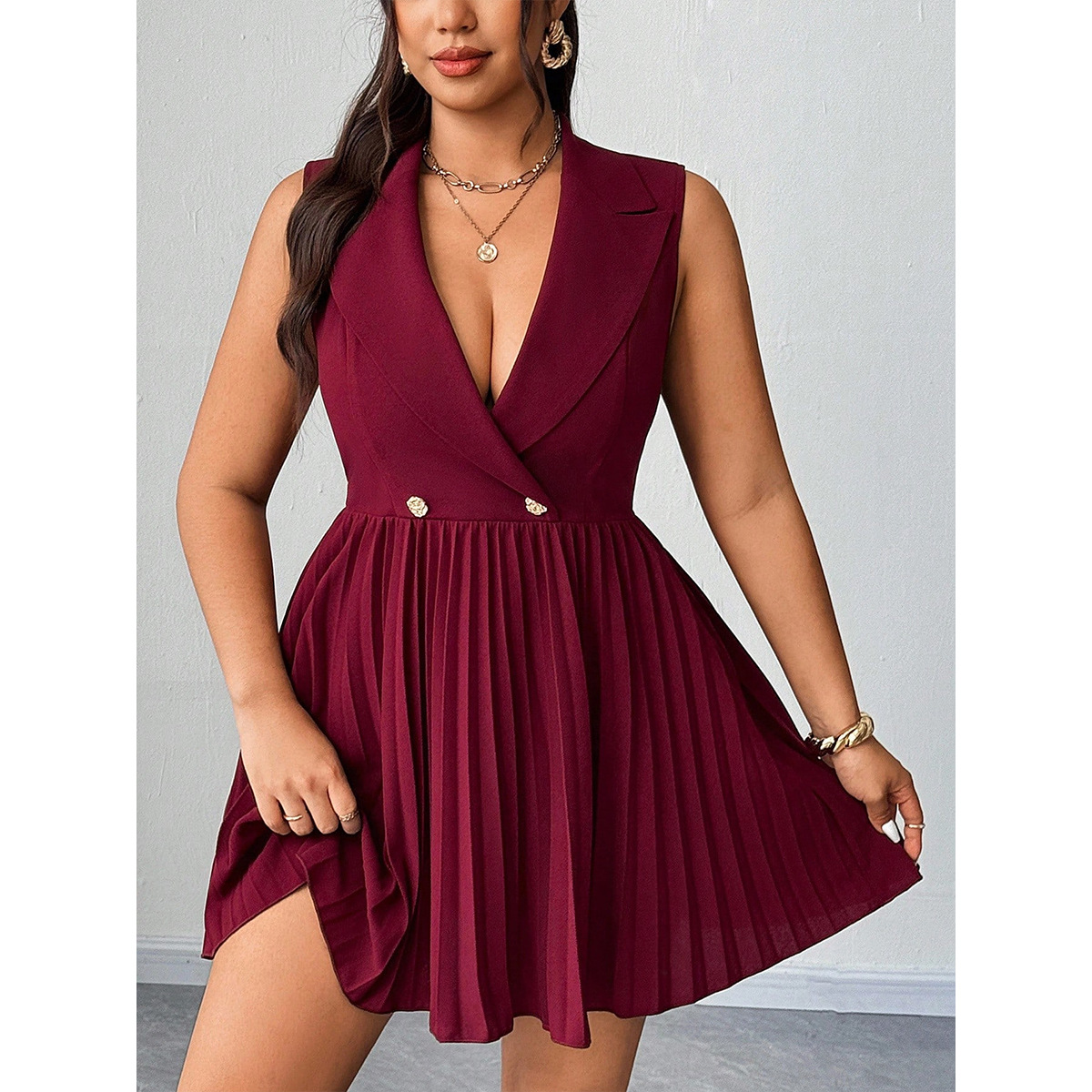 Wine Red Sleeveless Deep V-Neck Pleated Mini Dress Plus Size Slimming Party Dress