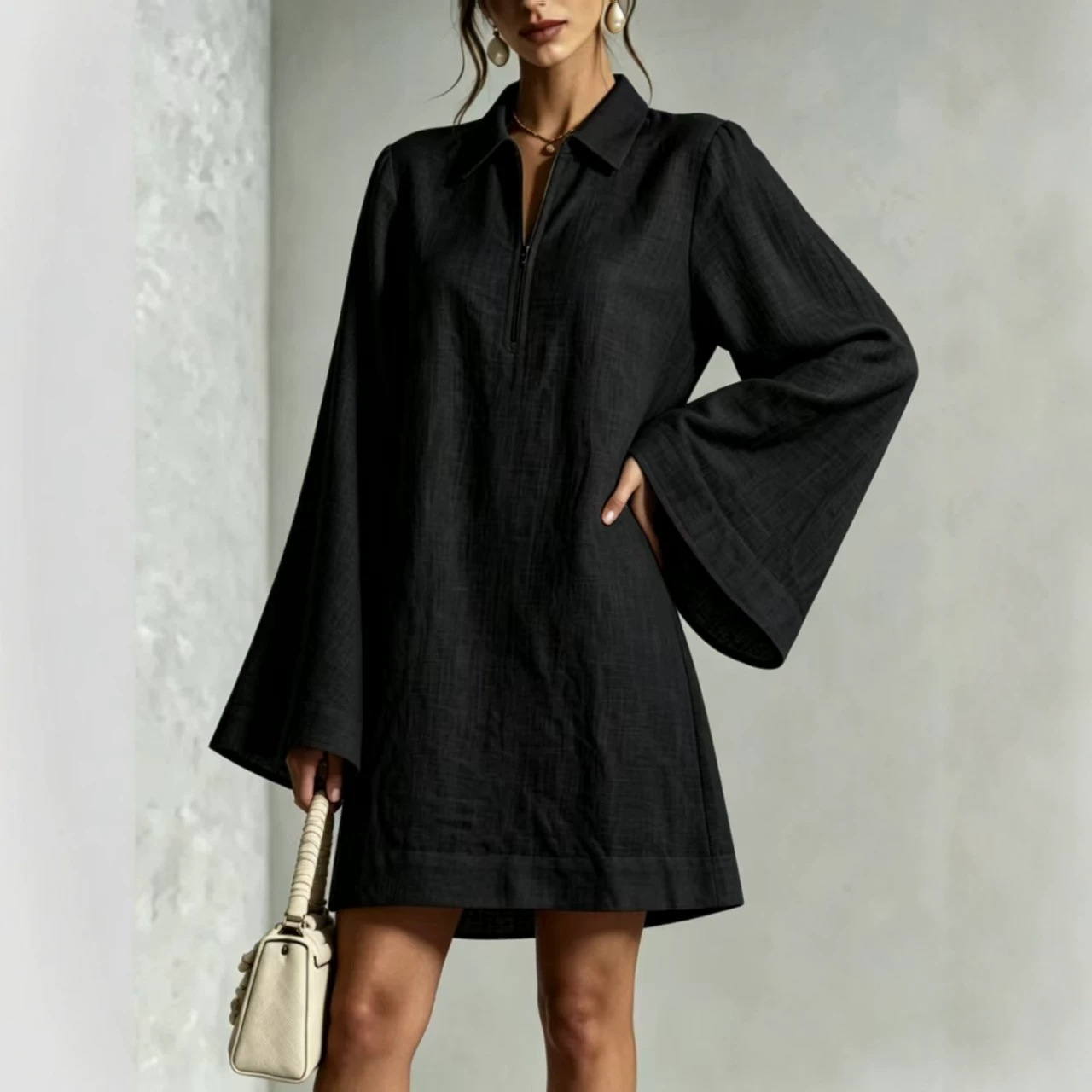 Solid Color Half-Zip Loose Long-Sleeve Casual Dress