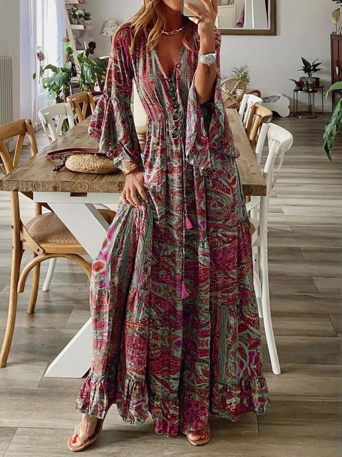 Bohemian Floral Print V-Neck High-Waist Flare-Sleeve Maxi Dress