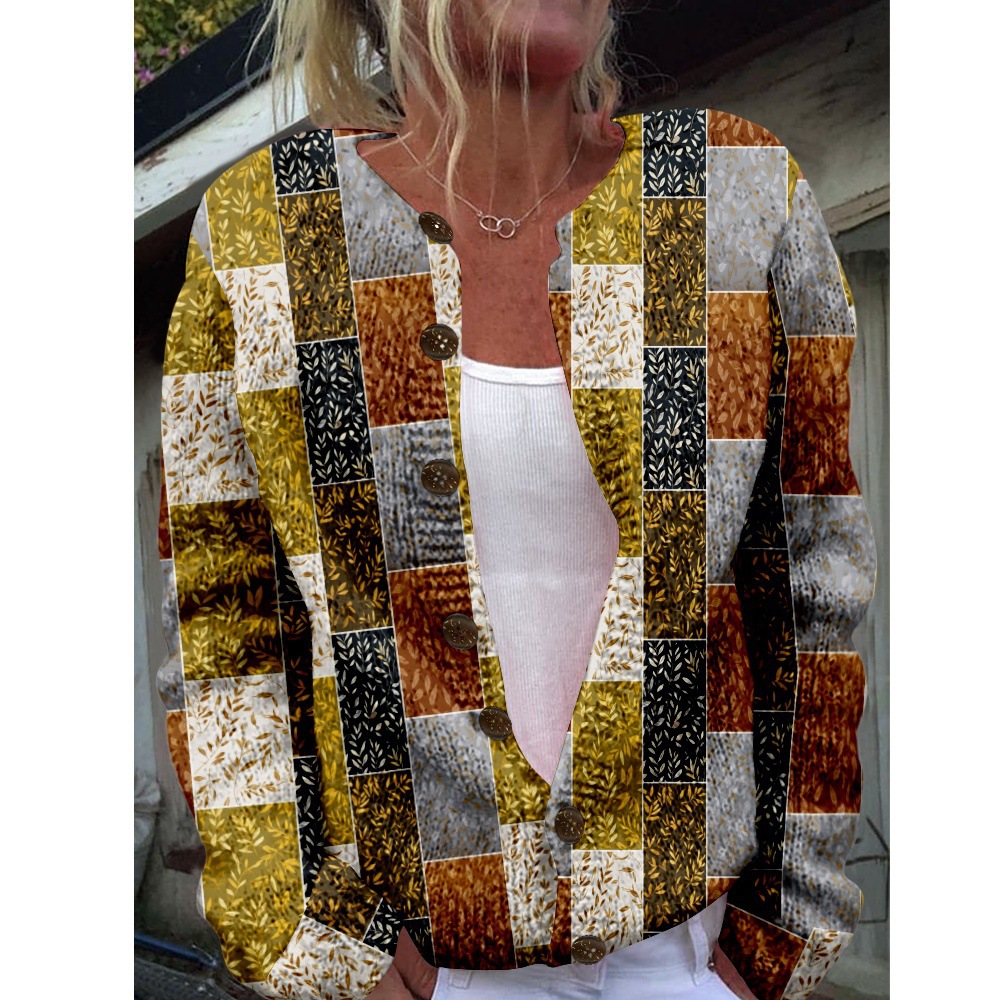 Women's Plaid Floral Print Button-Down Cardigan Sweater