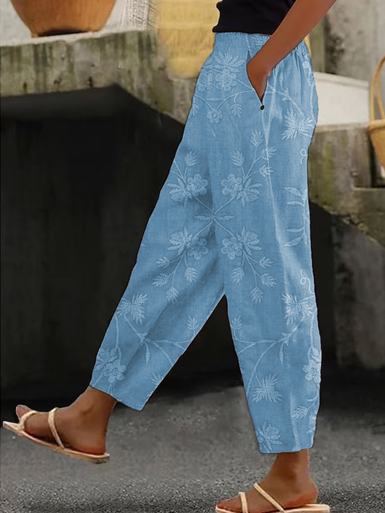 Women's Floral Print Straight-Leg Casual Pants Light Color