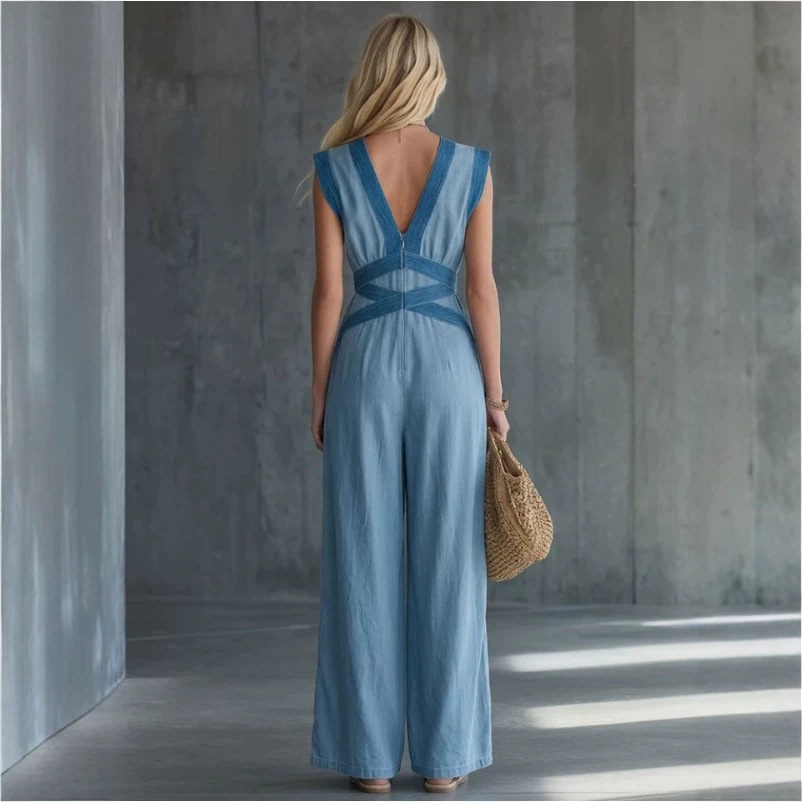 Retro Piped Deep V Denim Jumpsuit