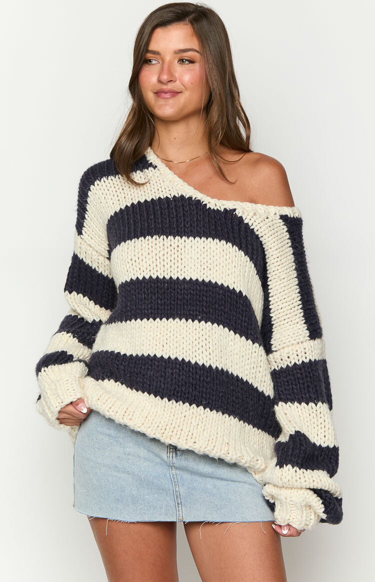 Striped One-Shoulder Knit Sweater