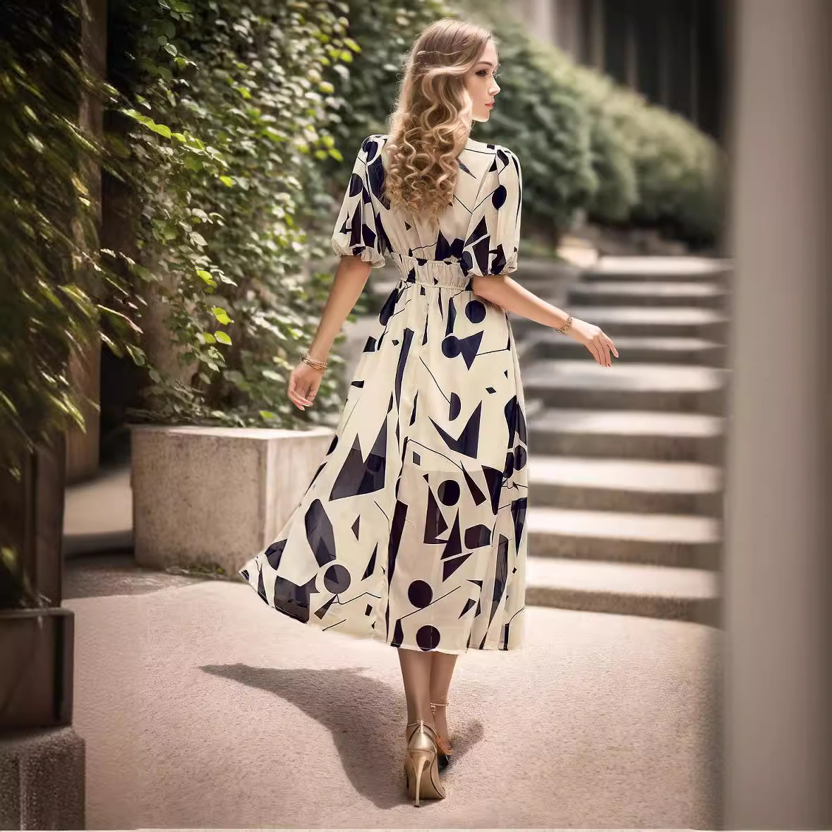 V-Neck Floral Print High-Waist A-Line Midi Dress