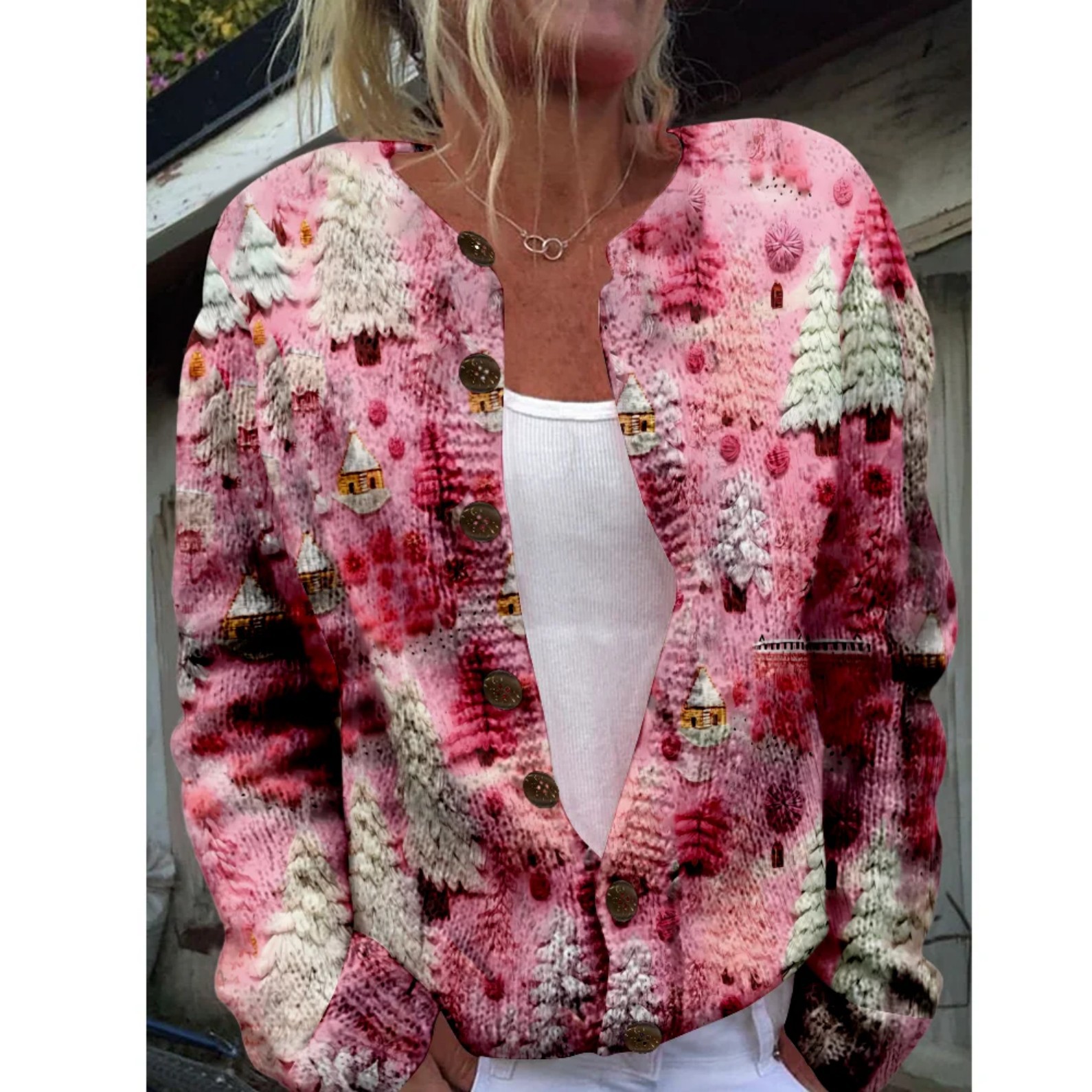Women's Christmas Santa Print Button Cardigan Sweater