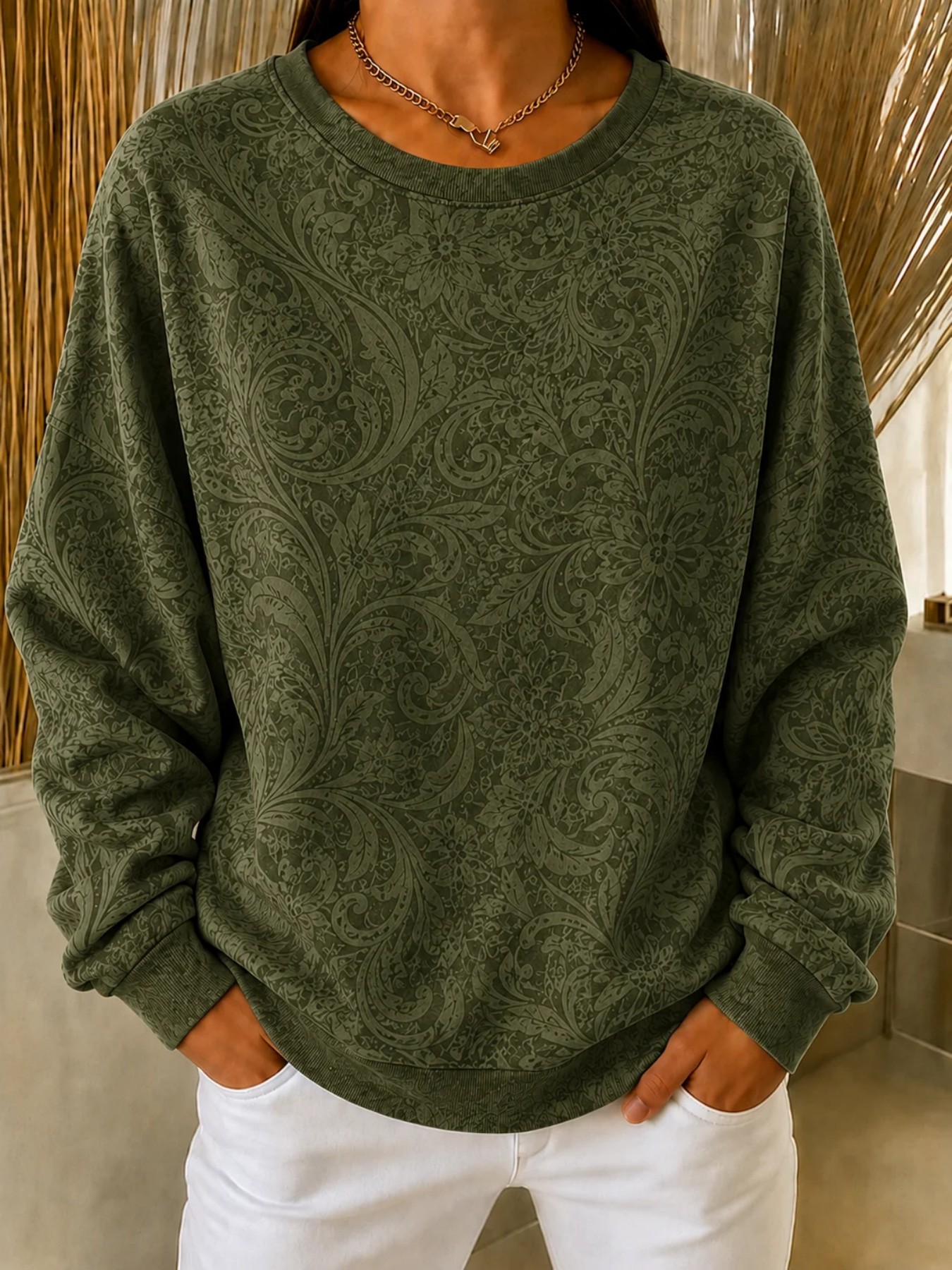 Bohemian Print Crewneck Long Sleeve Pullover Sweatshirt