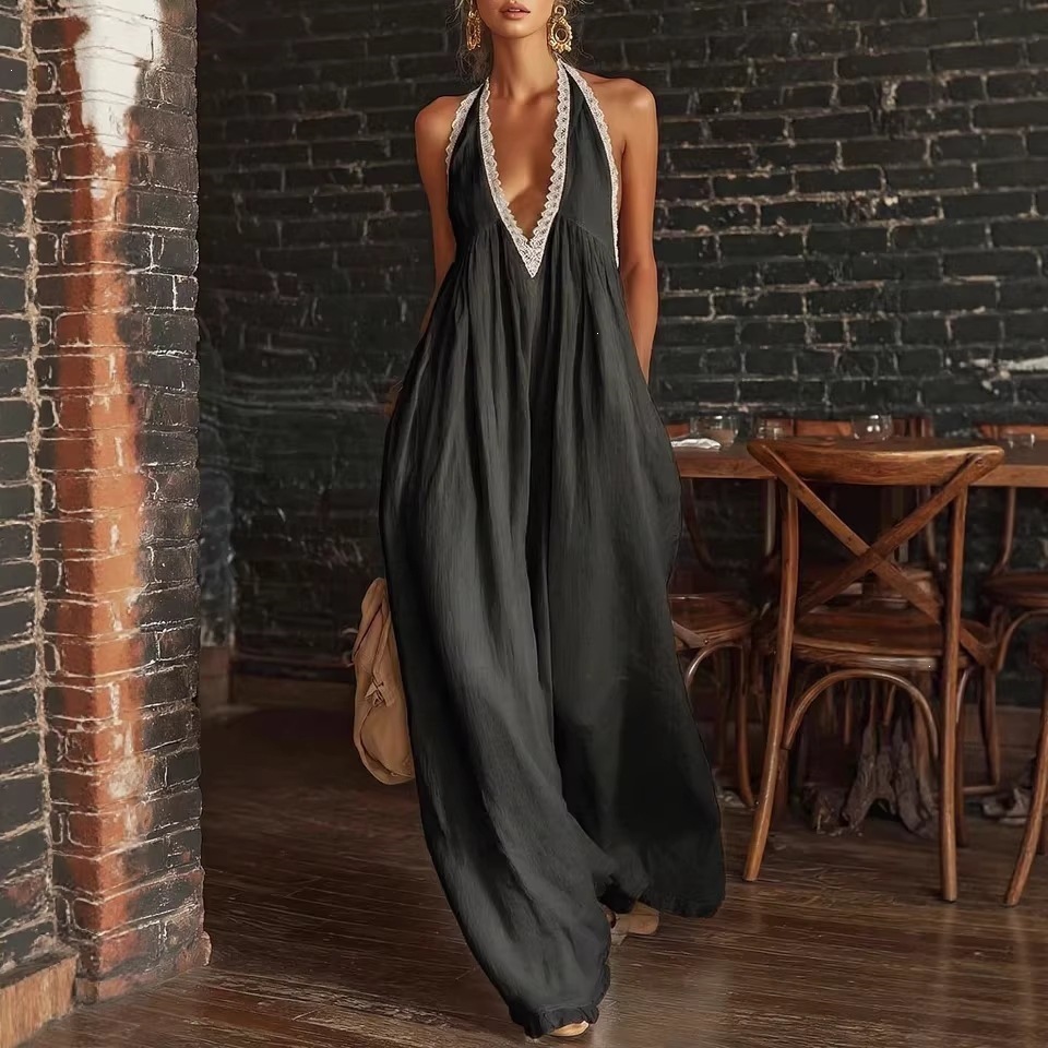 Women's Halter Deep V Lace Panel Loose Linen Jumpsuit