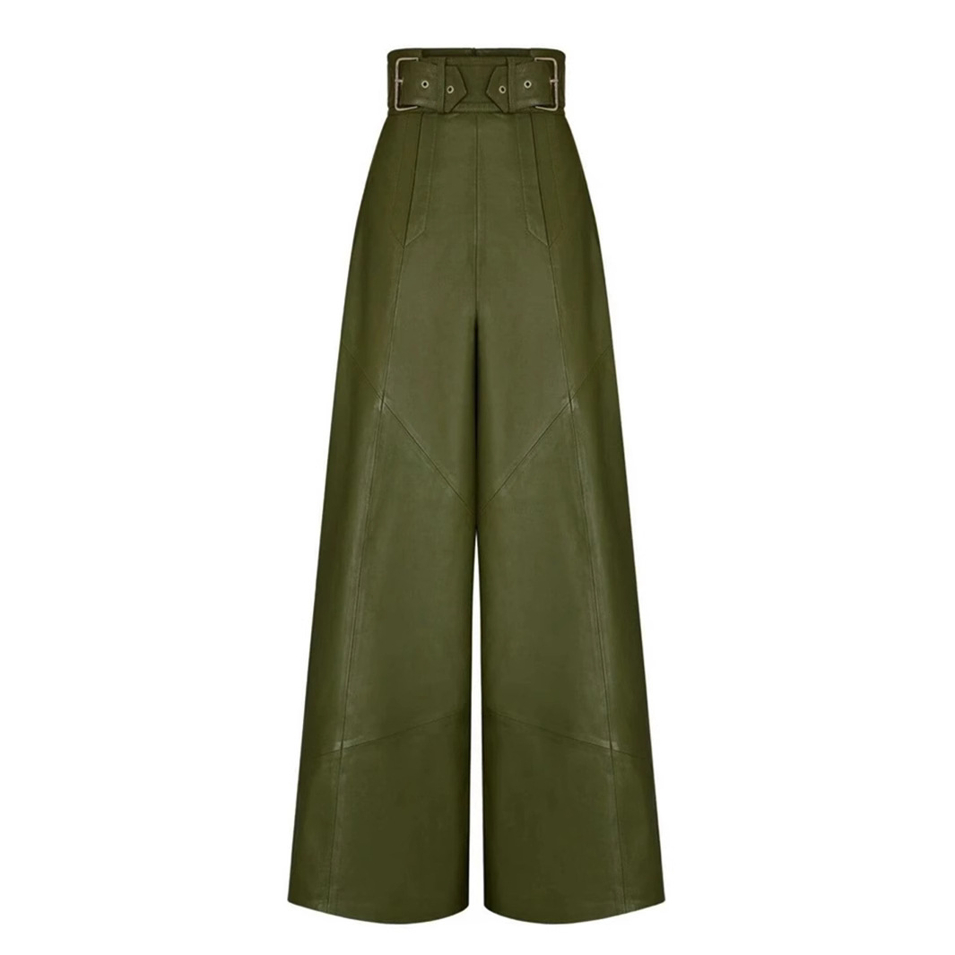 High-Waisted PU Faux Leather Flared Pants for Women with Pockets