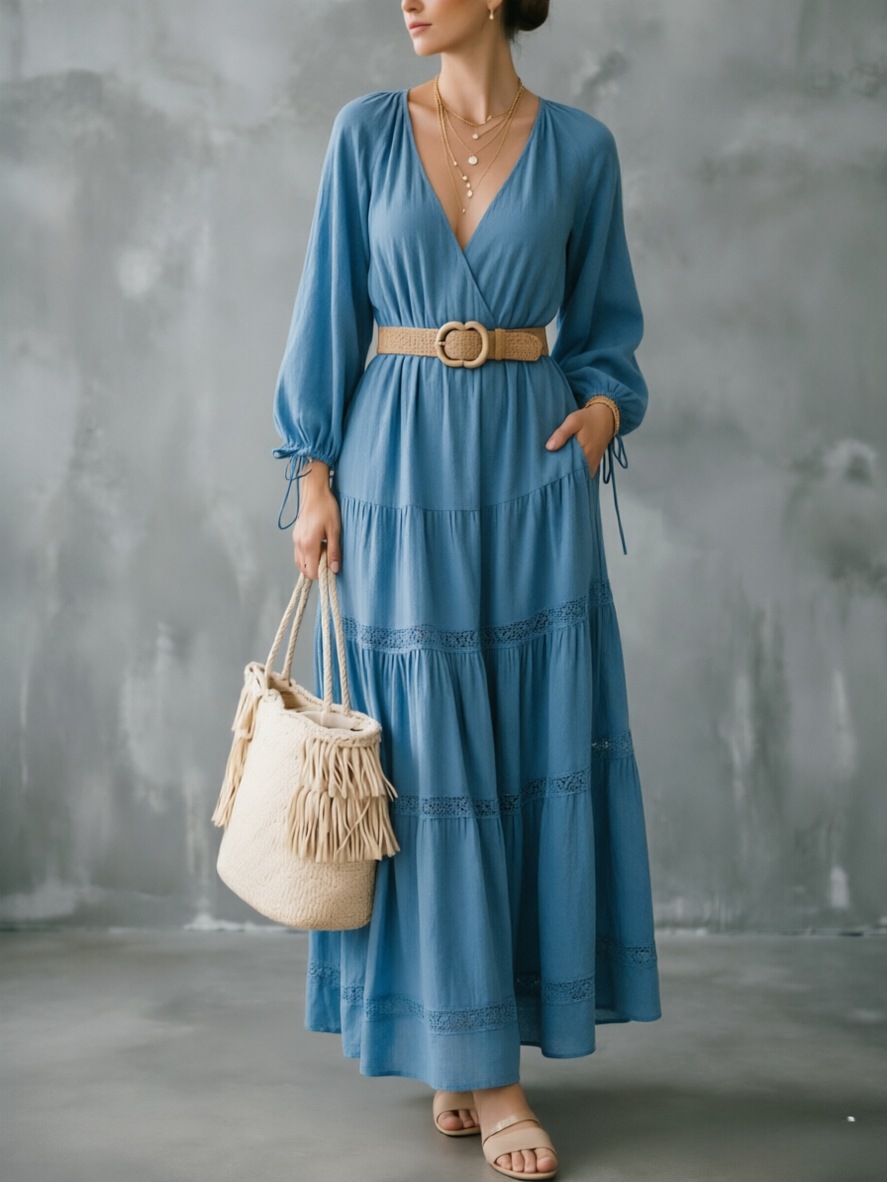 V-Neck Lace Panel Long Sleeve Midi Dress