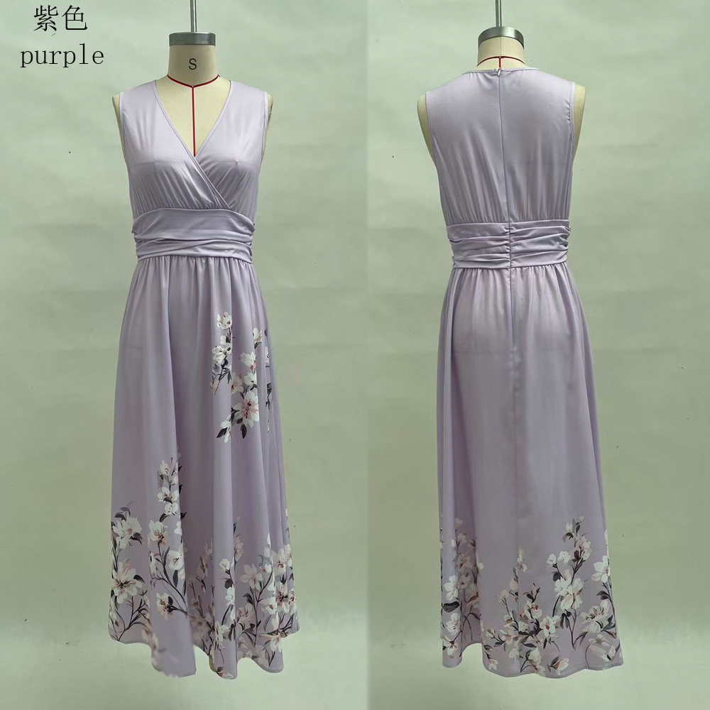 Floral Print Sleeveless V-Neck Pleated A-Line Maxi Dress