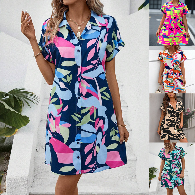 Colorful Floral Print Short-Sleeve Shirt Dress Cardigan