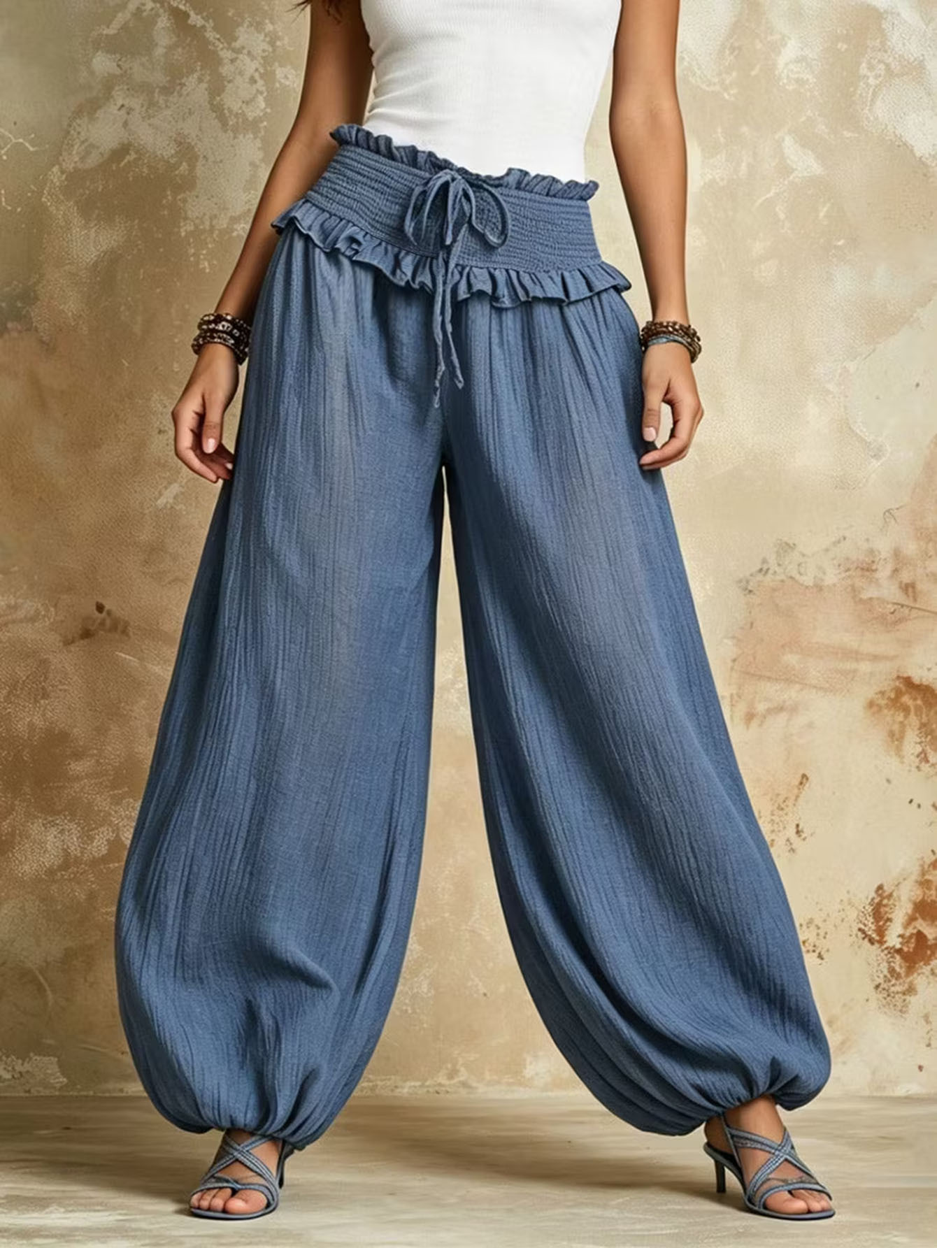 High-Waist Wide-Leg Ruffle Trim Pants for Women, Loose Flowing Floor-Length