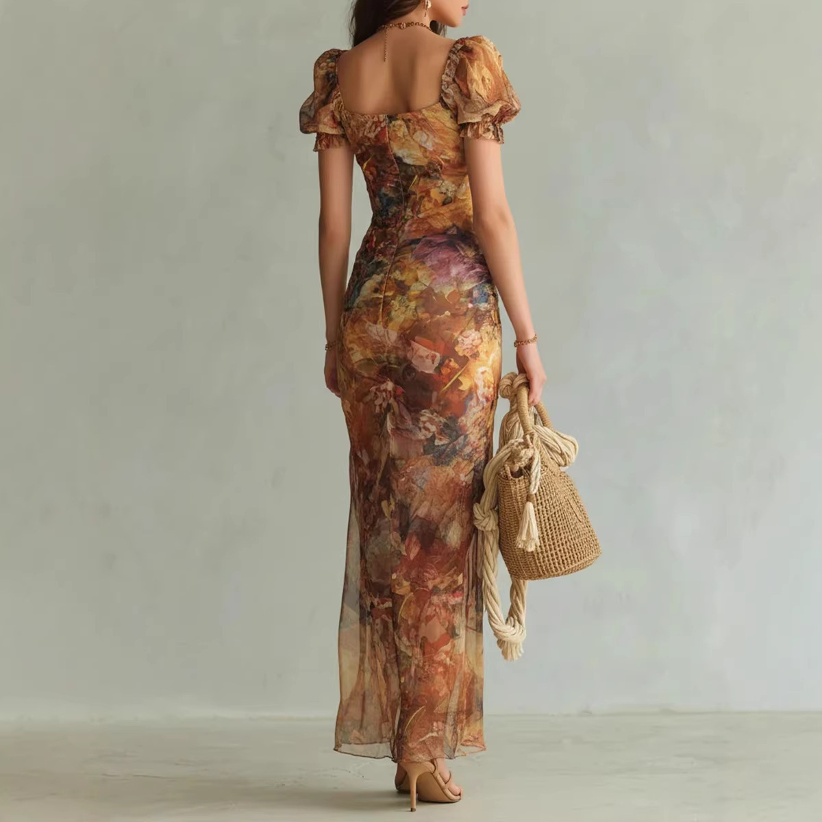 Floral Print Long Bodycon Dress Short Sleeve High Waist