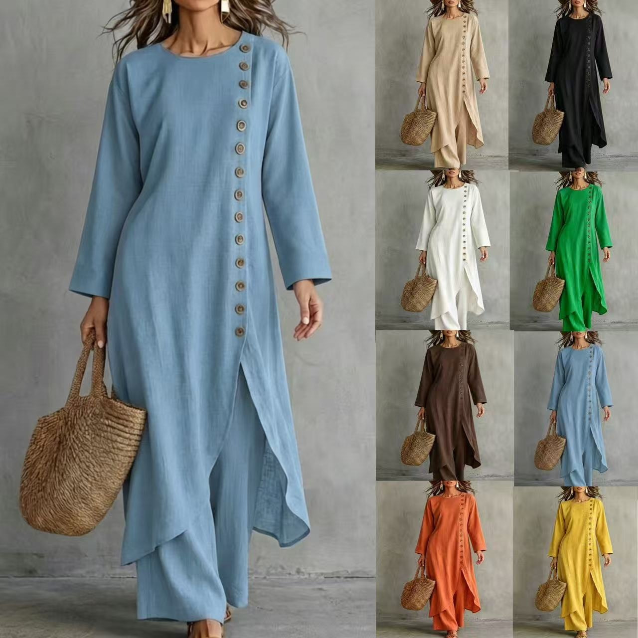 Solid Color Loose Button Round Neck Long Sleeve Dress