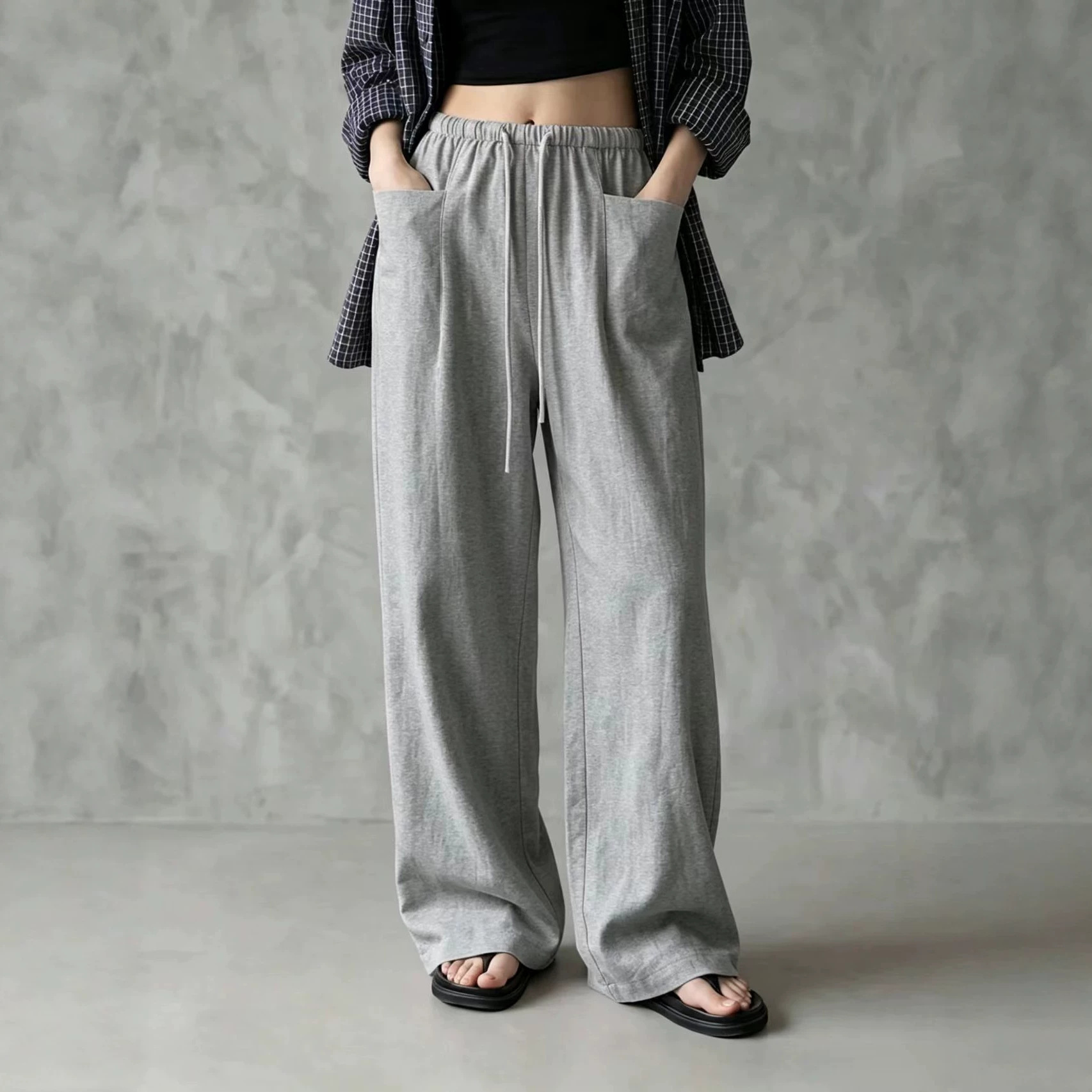 Women's Solid Color Wide-Leg High-Waist Drawstring Casual Pants