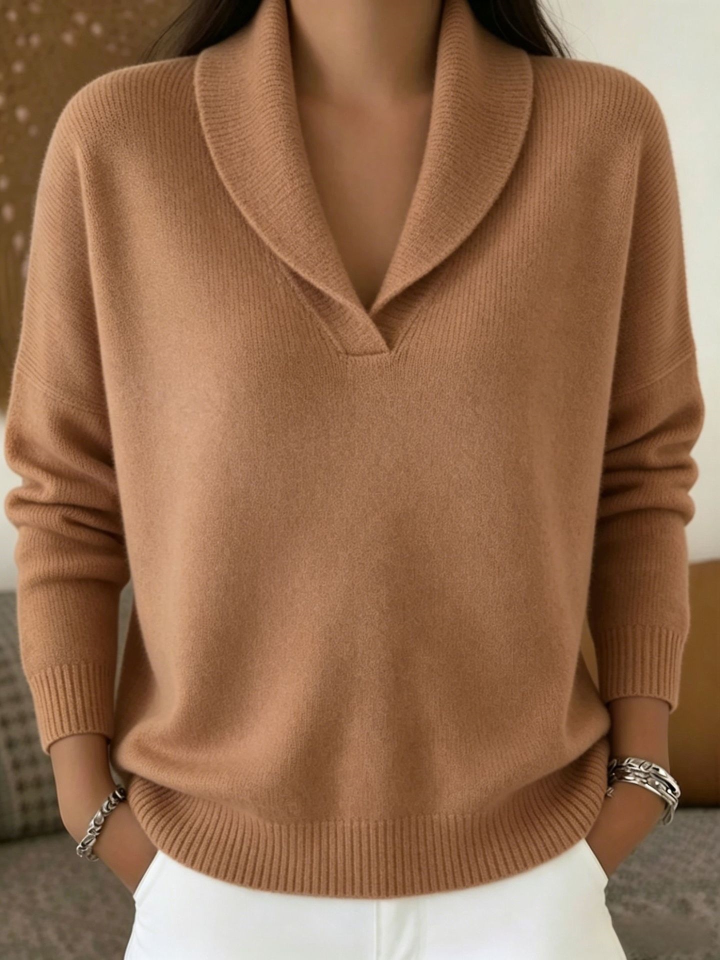 Women's Shawl Collar Knit Sweater Loose Drop Shoulder Solid Color Pullover