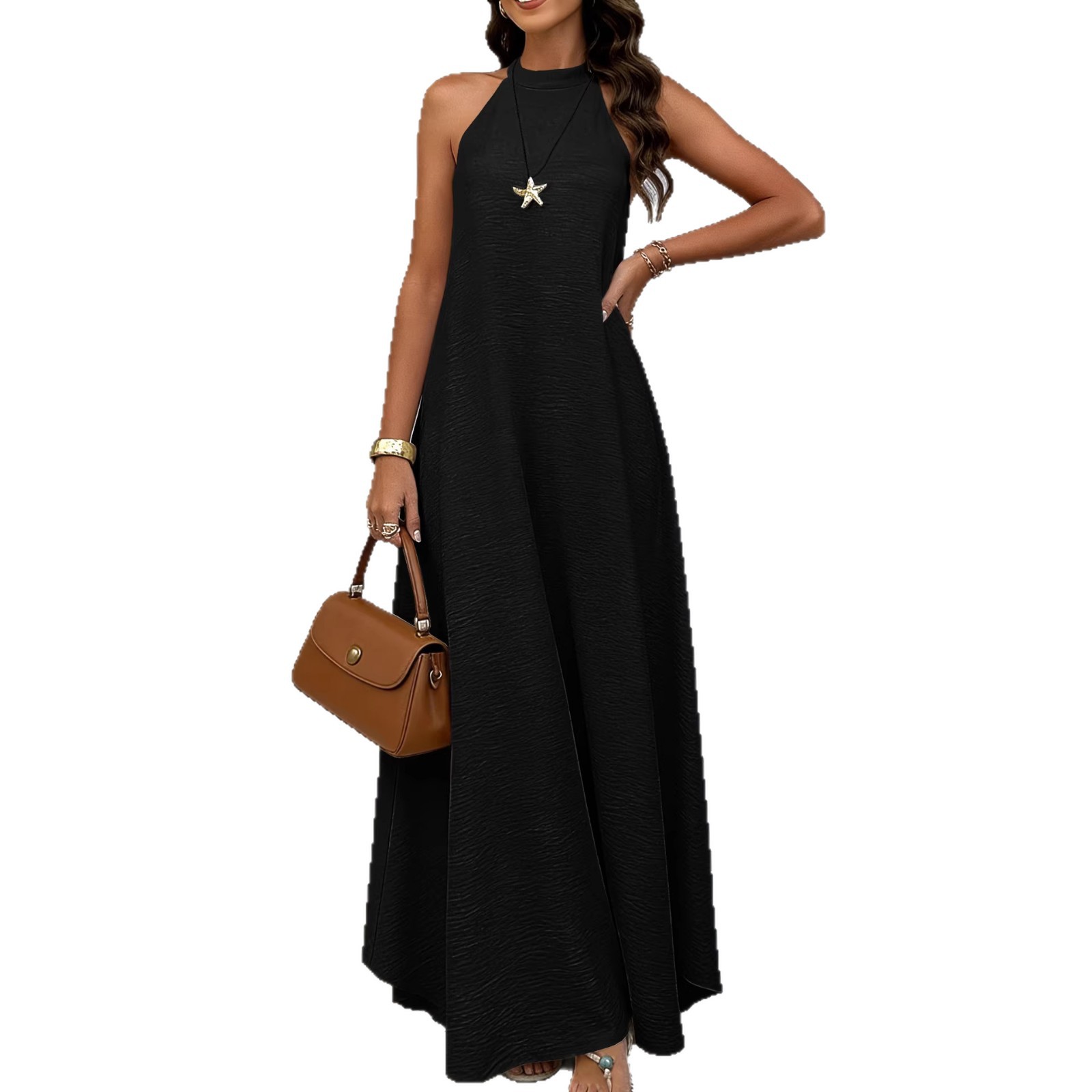 Women's Ice Silk Crinkle Sleeveless Maxi Dress Loose A-Line Solid Color Vacation