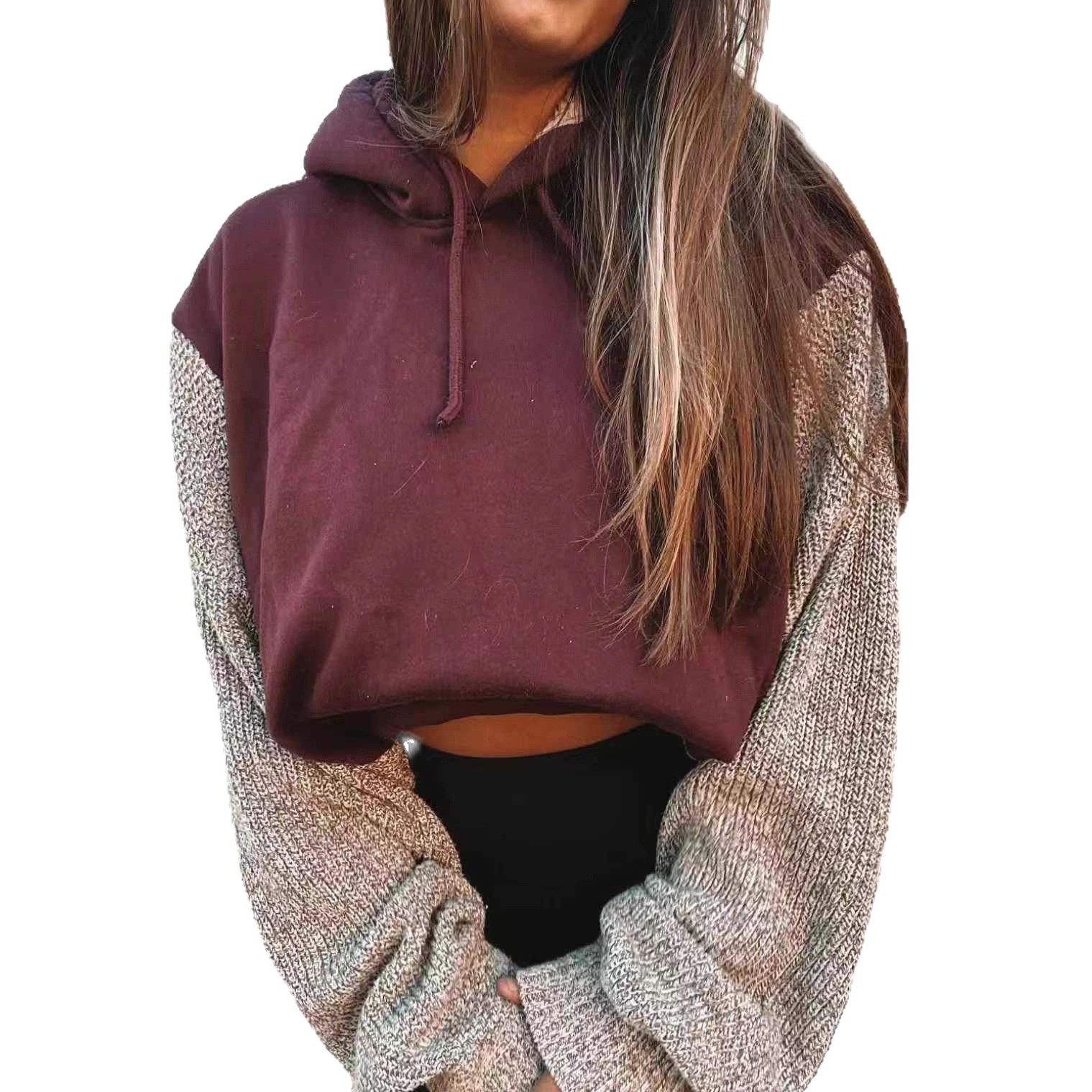 Women's Color-Block Hooded Long-Sleeve Knit Cropped Sweatshirt