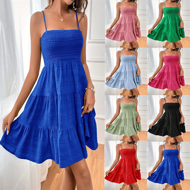 Women's Off-Shoulder Spaghetti Strap Textured Dress Solid Color