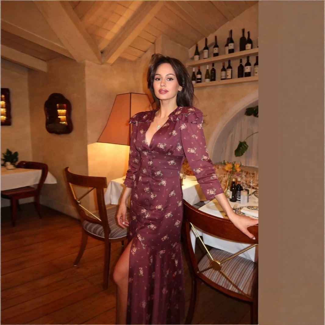 Women's Slim Fit Vintage French Floral V-Neck Midi Dress