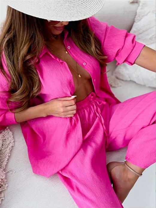 Women's Relaxed Stretch Crinkle Long Sleeve Shirt & Wide Leg Pants 2-Piece Set