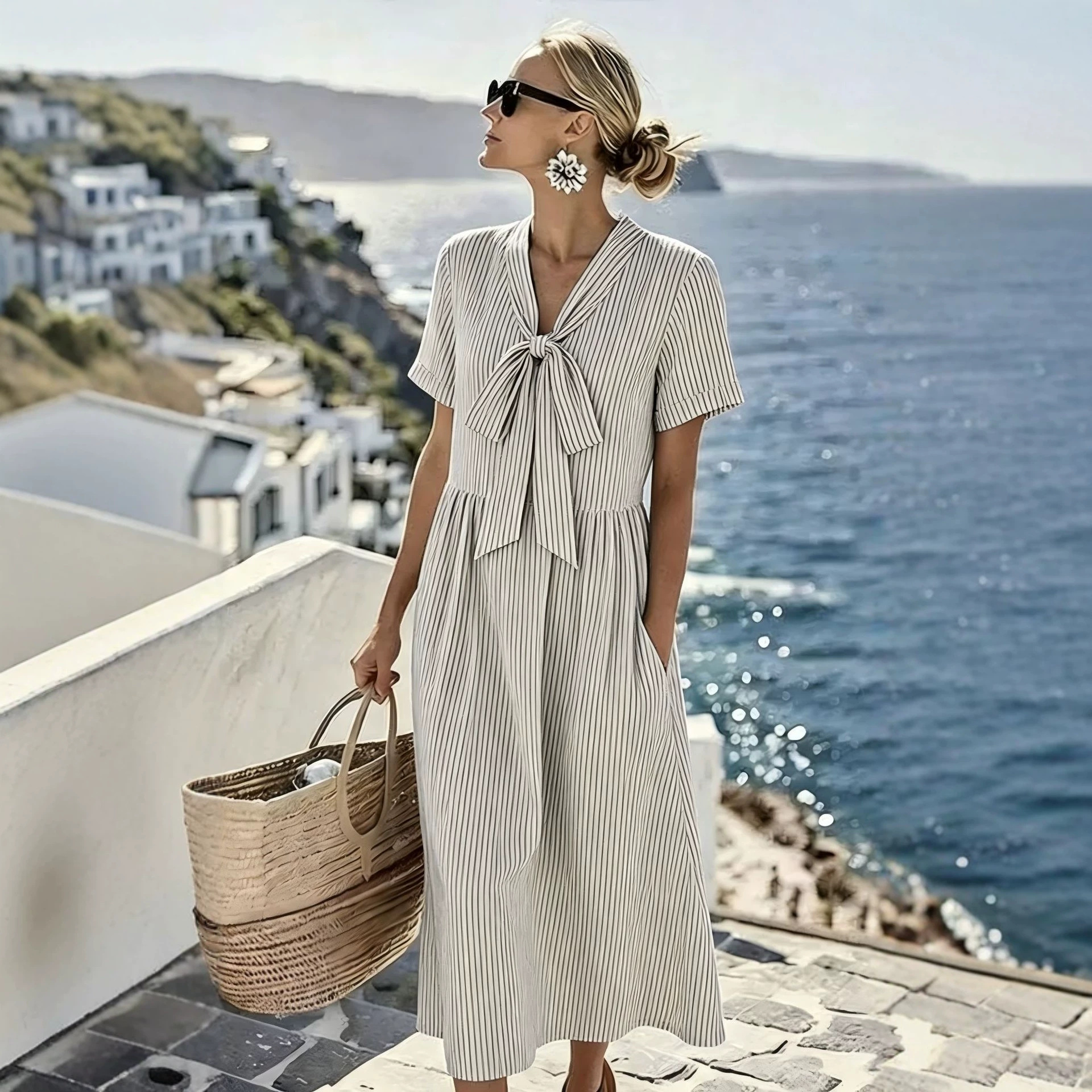 Women's Bow Casual Dress with Minimalist Print