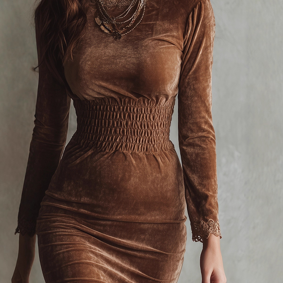 Women's Velvet Bodycon Dress with Lace Trim Long Sleeve