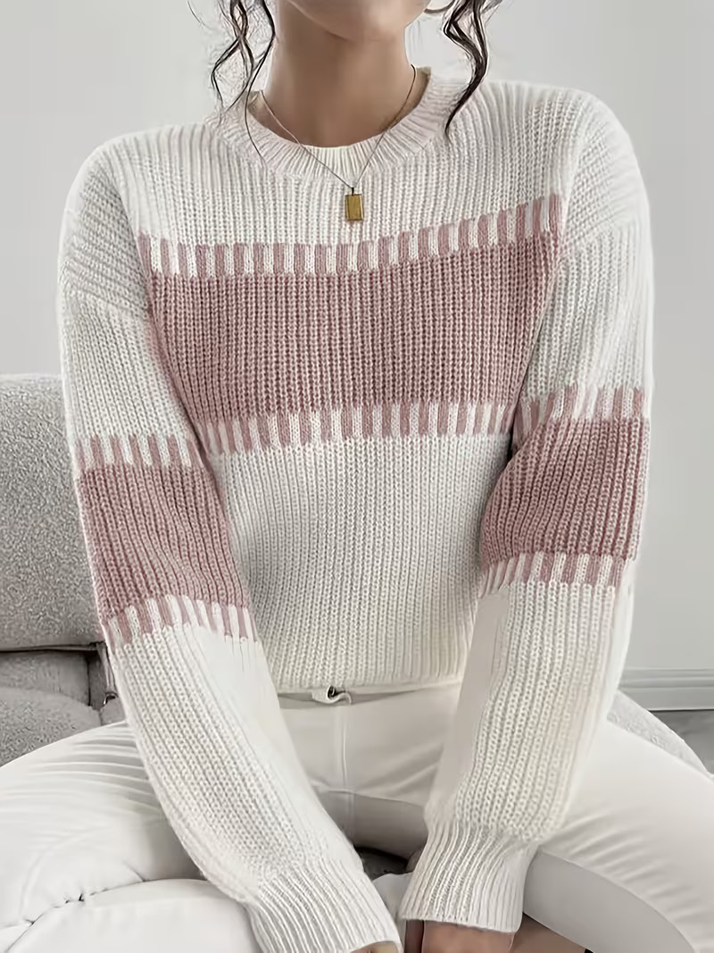 Women's Casual Striped Drop Shoulder Long Sleeve Sweater Colorful Striped Pullover