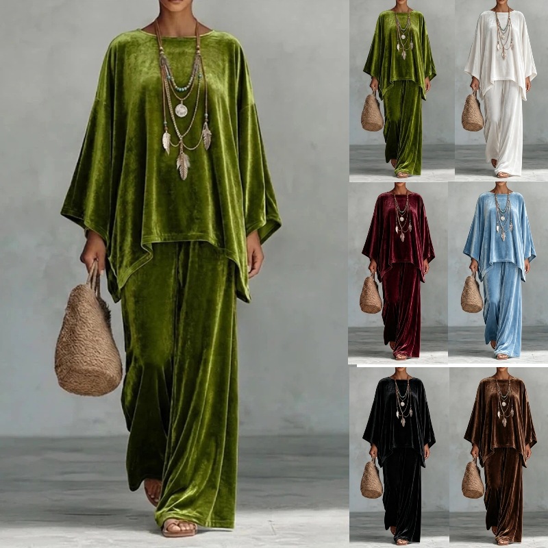 Women's Velvet Round Neck Long Sleeve Shirt and Wide Leg Pants Set
