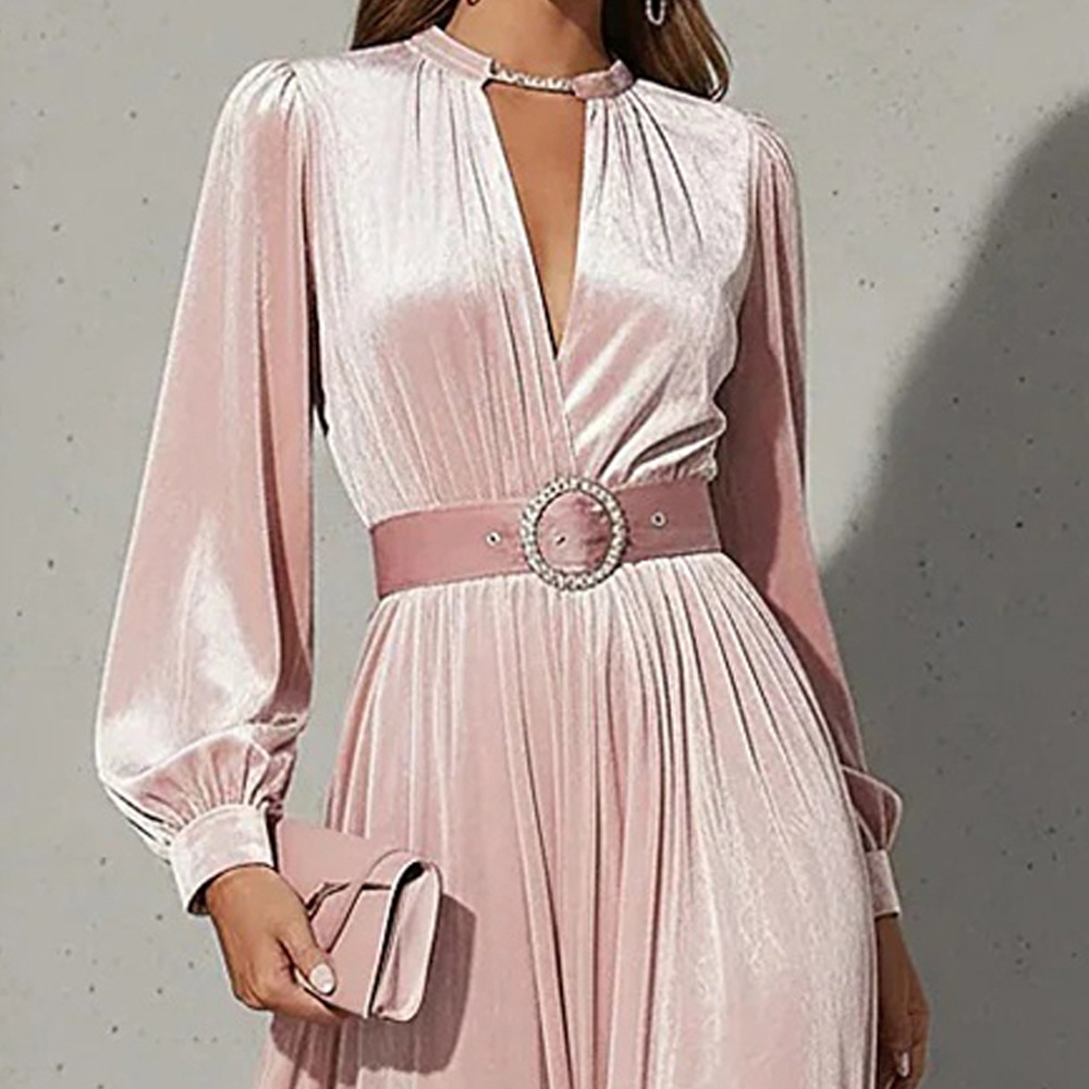 Solid V-Neck Gold Velvet Long Sleeve Dress with Waist Belt