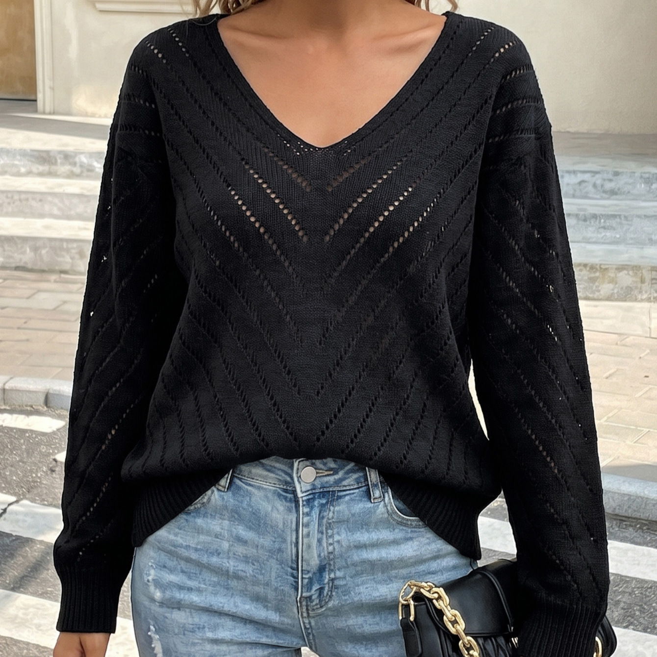 V-Neck Openwork Knit Sweater Women's Loose Long Sleeve Pullover